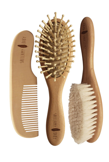 3 Piece Wooden Baby Hairbrush and Comb Set