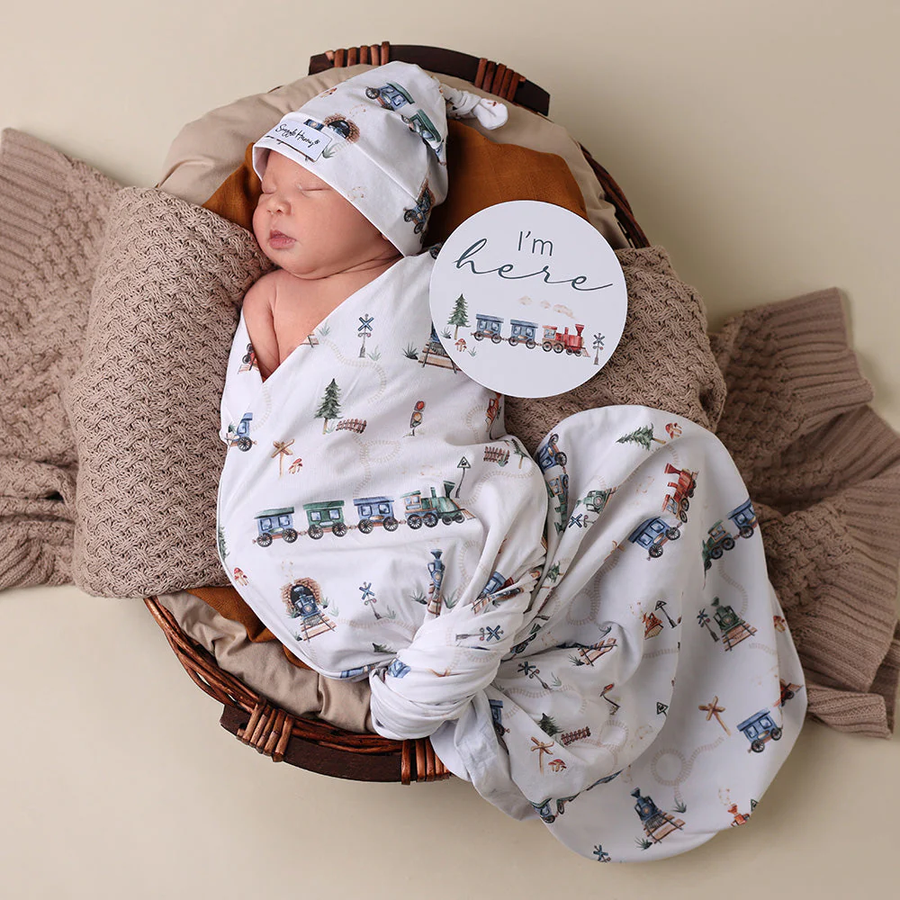 Baby Jersey Wrap & Beanie Set - Trains