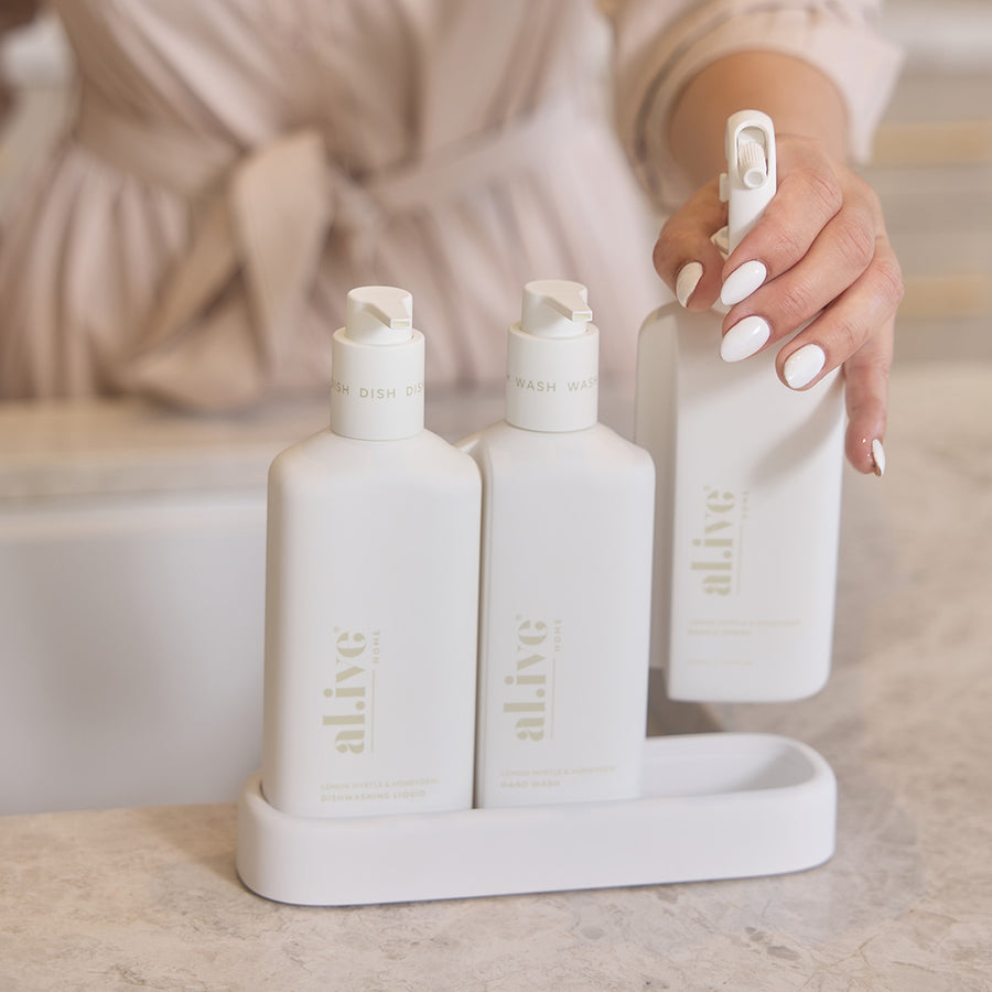 White - Dishwashing Liquid, Hand Wash & Bench Spray + Tray, Premium Kitchen Trio