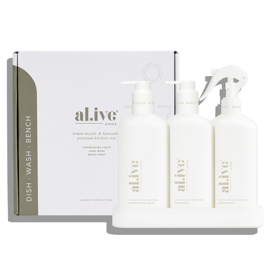 White - Dishwashing Liquid, Hand Wash & Bench Spray + Tray, Premium Kitchen Trio