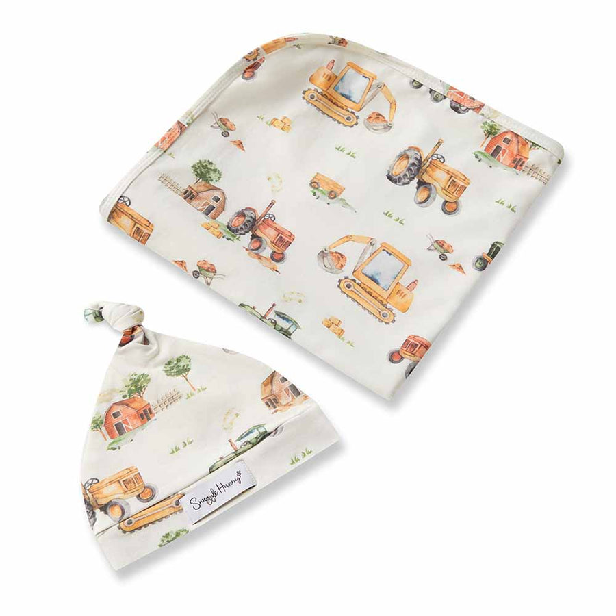 Baby Jersey Wrap & Beanie Set - Diggers & Tractors