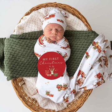 Reindeer Baby Jersey Wrap & Beanie Set + Milestone Card