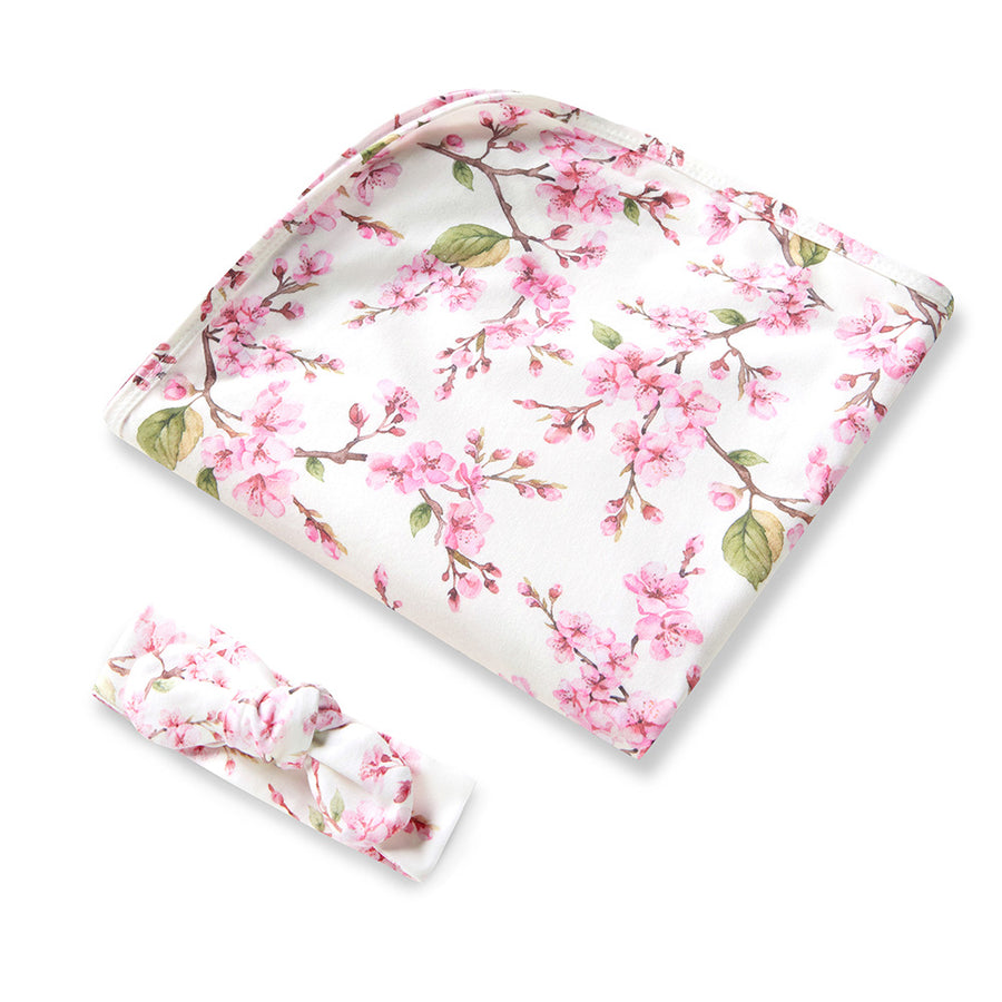 Baby Jersey Wrap and Top Knot Set - Cherry Blossom