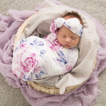 Baby Jersey Wrap and Top Knot Set - Lilac Skies