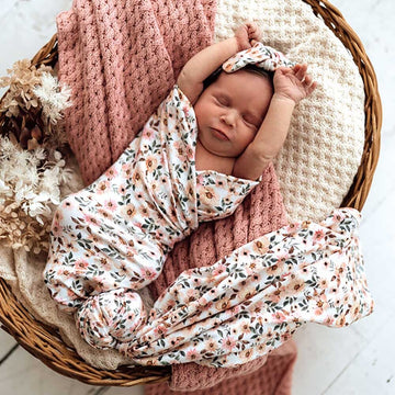 Baby Jersey Wrap and Top Knot Set - Spring Floral