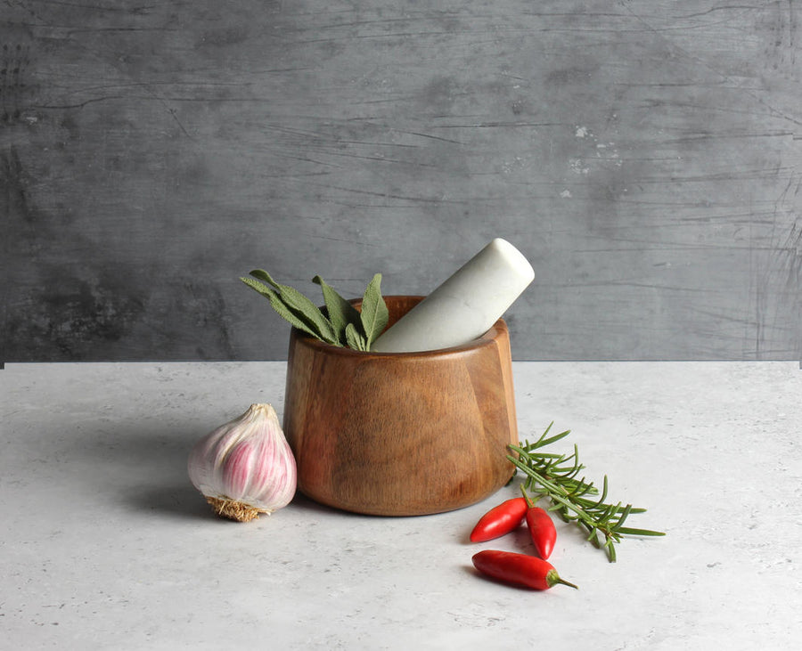 Acacia/Marble Mortar & Pestle