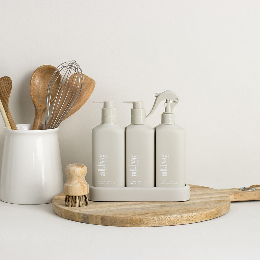 Stone - Dishwashing Liquid, Hand Wash & Bench Spray + Tray, Premium Kitchen Trio