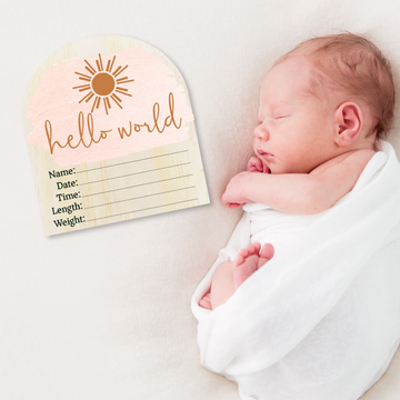 Hello World Pink Sun Wooden Arch Birth Disc